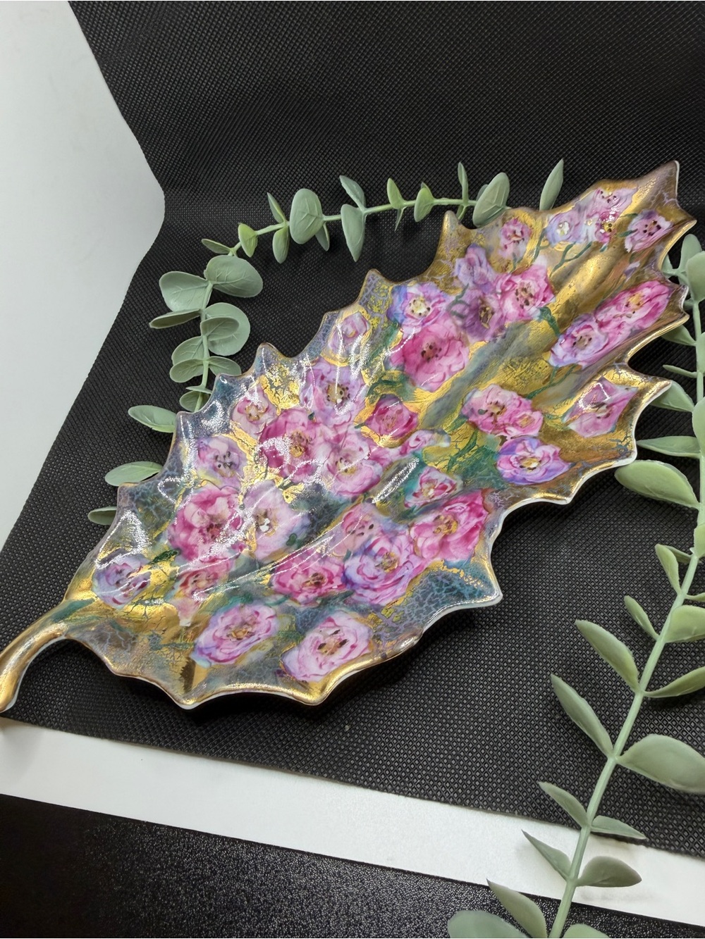 Vintage Limoges France Porcelain Leaf Dish Hand Painted Pink Flowers Gold Gilt